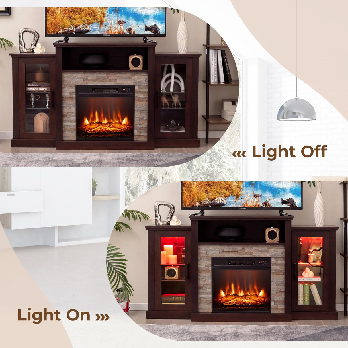 COSTWAY Electric Fireplace TV Stand for TVs Up to 65 Inches, 18-inch Fireplace Insert with APP & Remote Control, 16 Color Lights, Wooden Entertainment Center with Adjustable Shelves (Dark Brown) COSTWAY