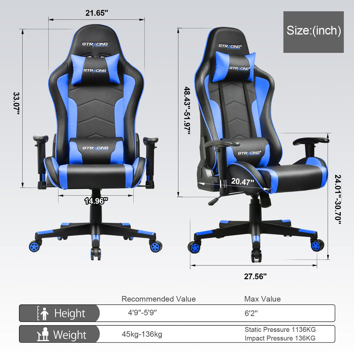 GTRACING Gaming Chair with Speakers Bluetooth Music Video Game Chair Audio Ergonomic Design Heavy Duty Office Computer Desk Chair(Blue) GTRACING