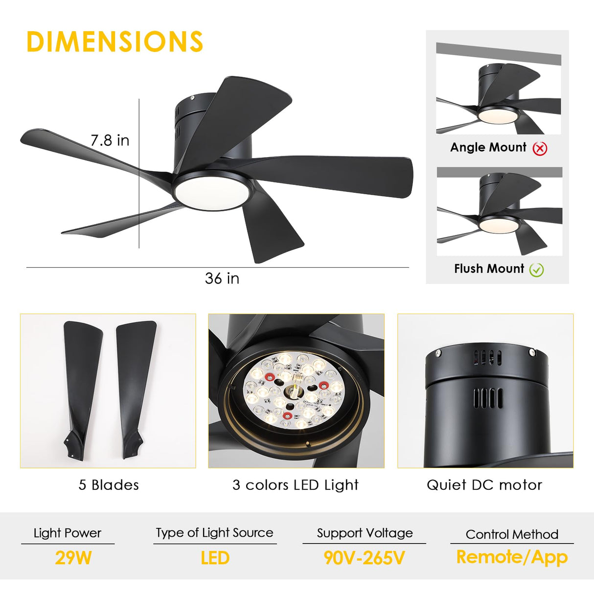 CHESUR Black Ceiling Fans with Lights - 36" Flush Mount Low Profile Ceiling Fan with Remote/App, Dimmable and 3CCT, Reversible, Modern Ceiling Fan Light for Indoor Bedroom, Kids Room CHESUR