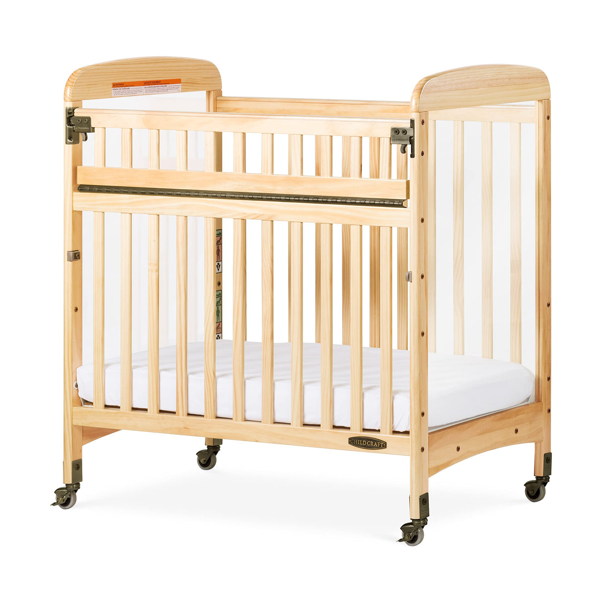 Child Craft Avery SafeAccess Wooden Compact Portable Crib, Features 2 Easy Roll Locking Wheels, Durable Wood Construction, Fits Through Doorways (Natural) Child Craft