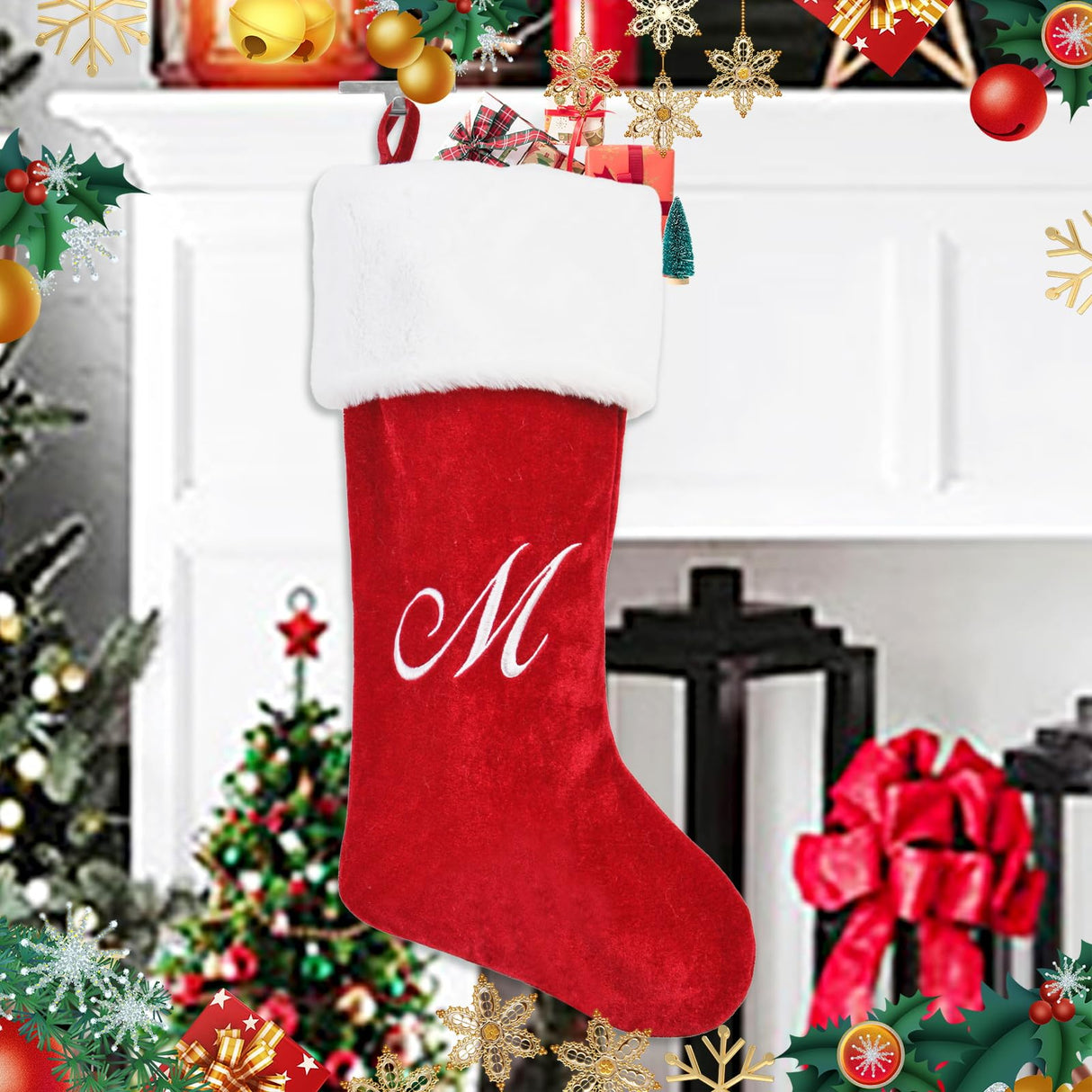 PORRUNNY 20 Inch Letter Christmas Stockings Red Polyester Plush for Family Holiday Xmas Party Decor Fireplace Hanging for Family Kids - M PORRUNNY