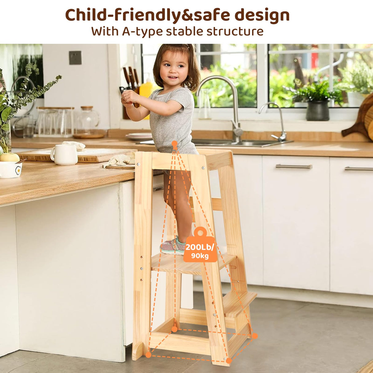 Adjustable Toddler Tower, Stable Standing Tower with 3 Heights Platform & Steps, Wooden Step Stool for Toddlers with Safe Around Rails for Bathroom/Kitchen/Sink, Suitable for Ages 18-36 Months KIDINIX