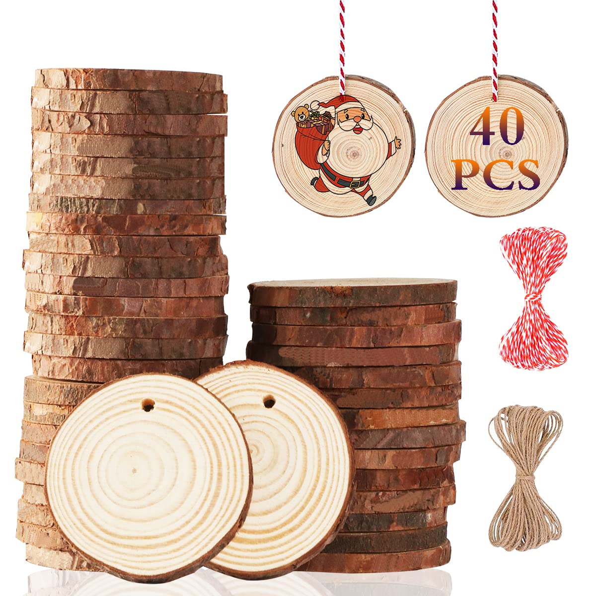 Artmag Natural Wood Slices 40pcs 2"-2.4" Unfinished DIY Crafts Predrilled with Hole Round Wooden Circles for Arts Rustic Wood Slices Christmas Ornaments Decor Artmag