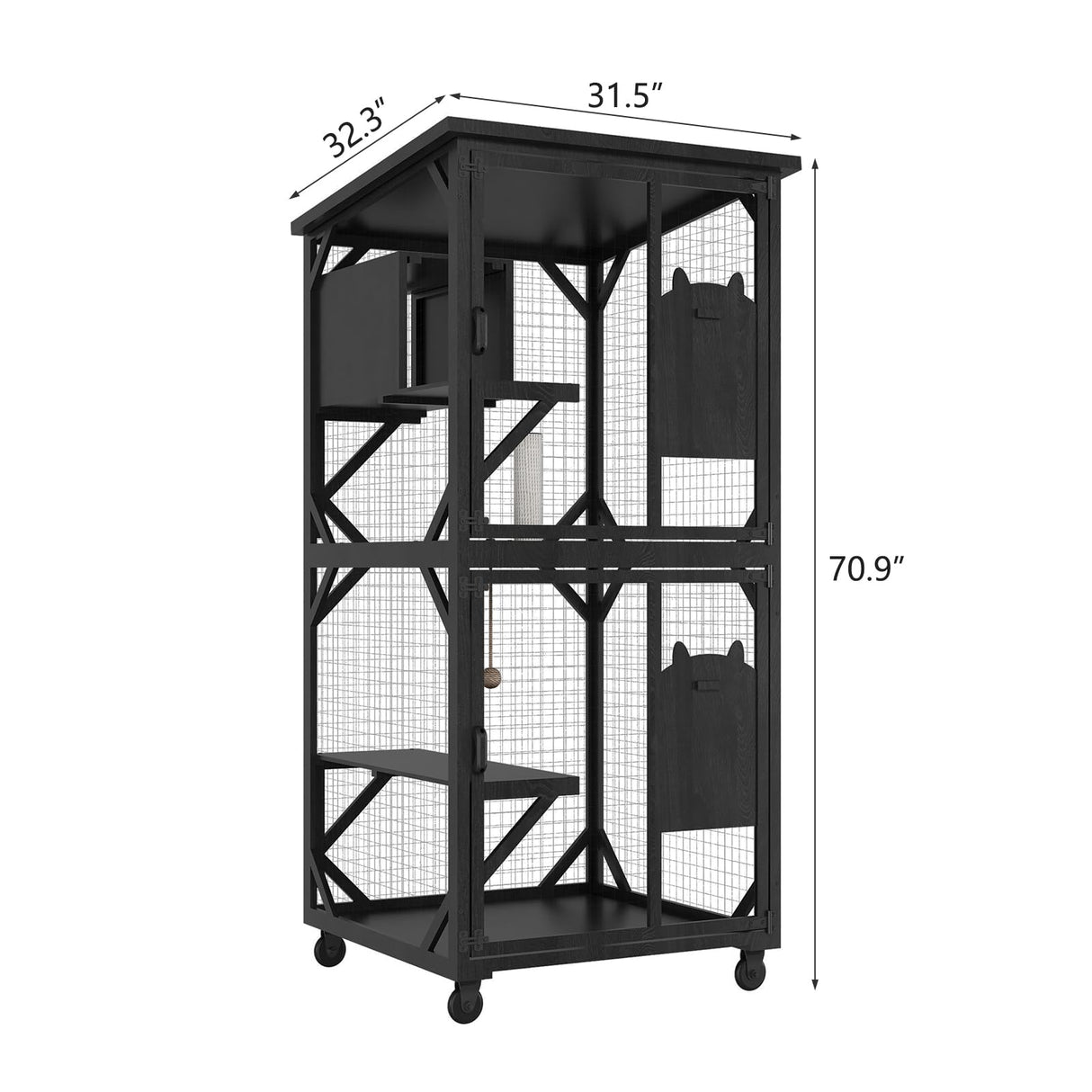 MODCART Catio Outdoor Cat Enclosure with Roof 71" Height Large Wooden Cat Cage with 3 Jumping Platforms and 1 Napping Houses for Cat (Black) MODCART