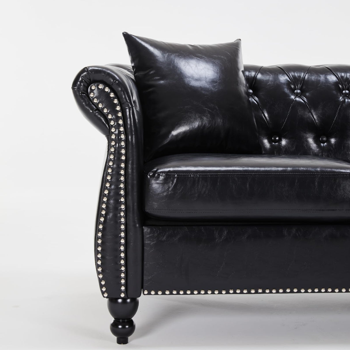 Chesterfield Sofa 83.4 " Faux Leather Couches with Gourd Wooden Legs, Deep Seat Comfy 3-Seater Upholstered Couch Button Nailhead Tufted Classic Couches for Living Room,Bedroom Easy to Assemble (Black) FEISHOMINOO