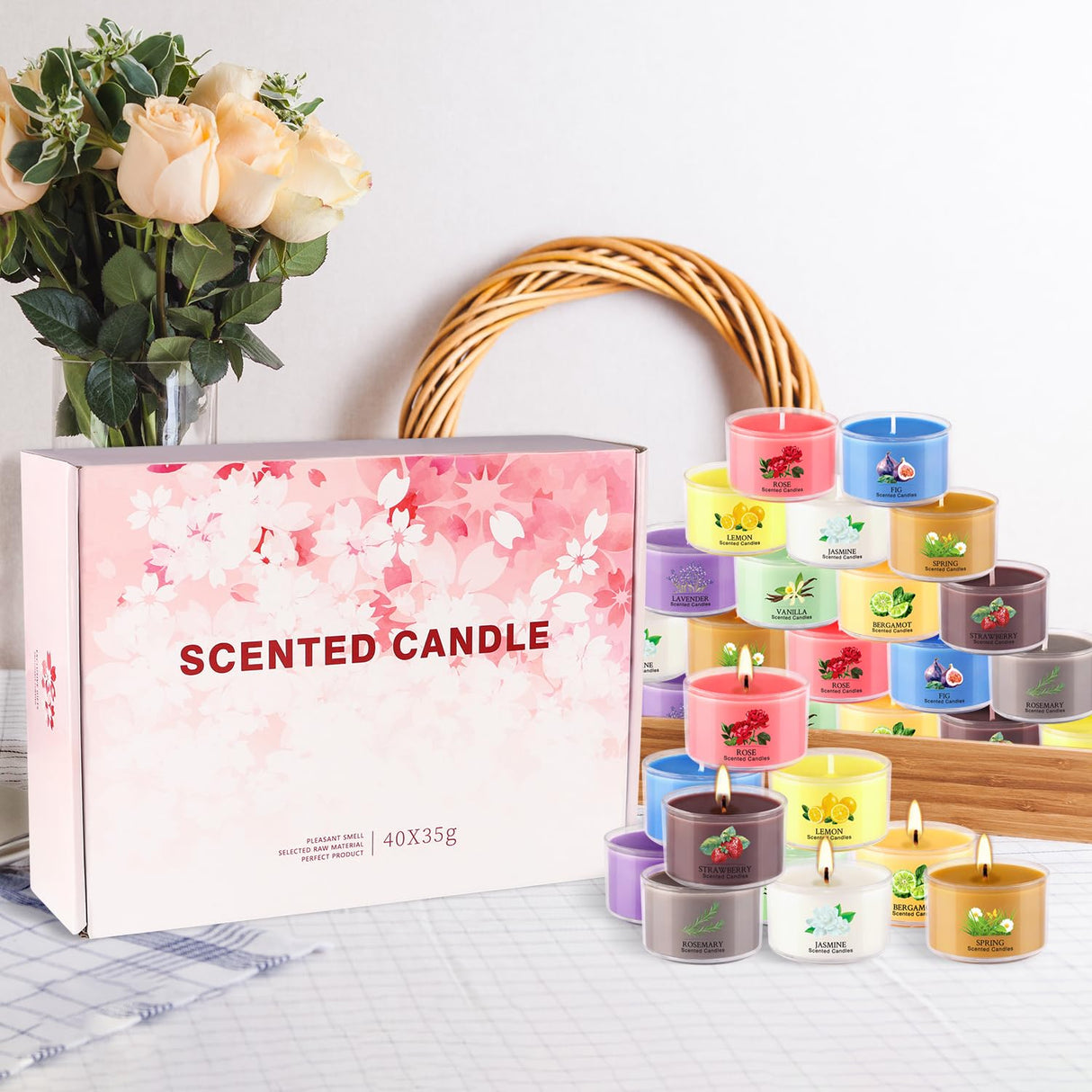 Scented Candle Set of 40 * 35g, 10 Fragrances, Soy Wax, Smokeless, with Cotton Wick,Long-Lasting Burn time for Home Décor,Relaxation,Romantic Dinner,Gift pliadvbu