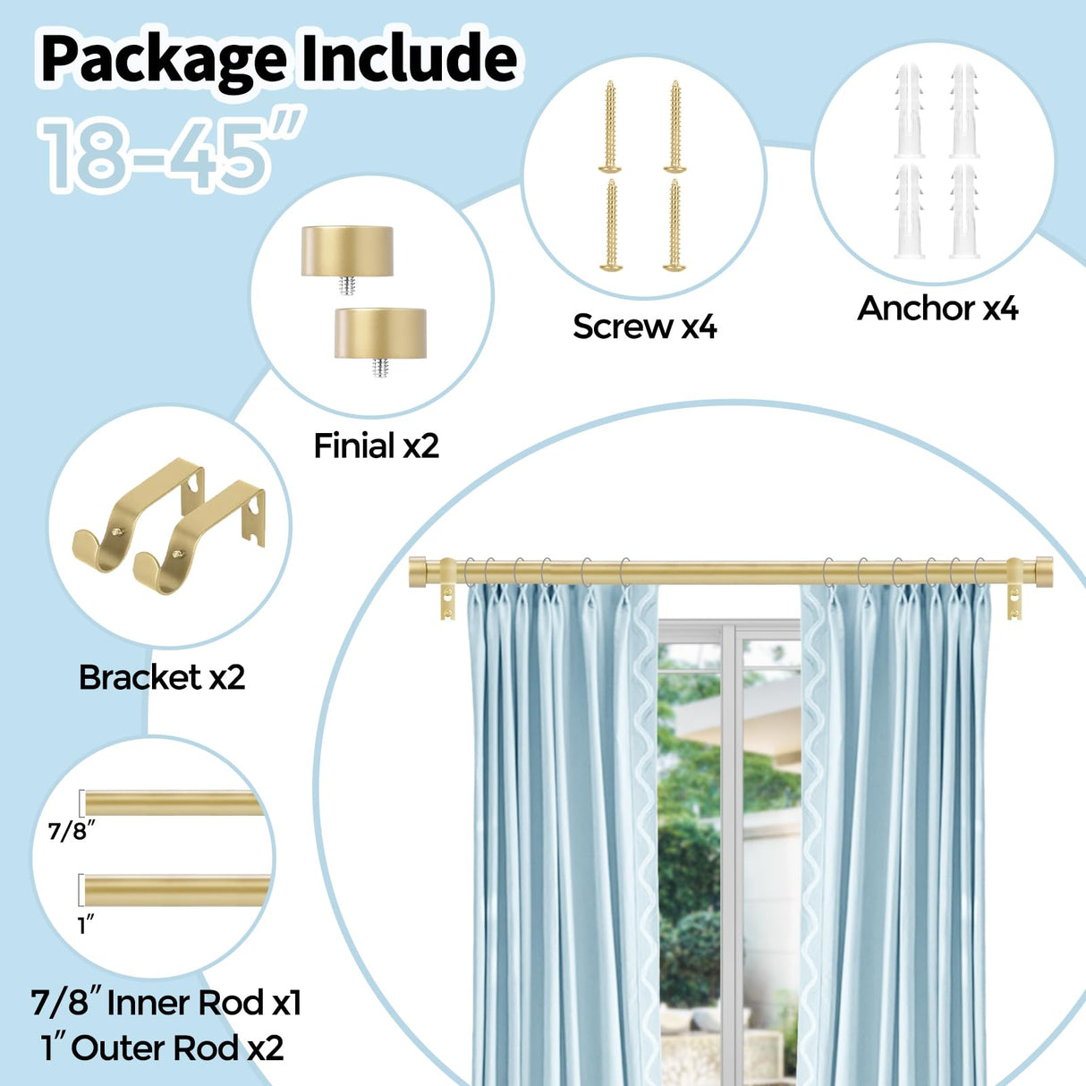 VOIIY Gold Curtain Rods for Windows 18 to 45 Inch(1.5-3.75 Feet),1" Diameter Drapery Rods with Modern Style End Cap Finials,Size:18-45 Inch VOIIY