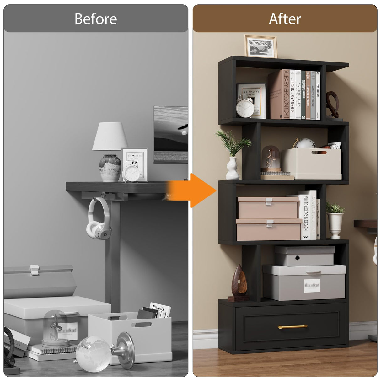 Geometric Bookshelf, 59” Tall S Shaped Bookshelf with Drawer, 5 Tier Bookshelf with Anti-Tipping Device, Wood Geometric Open Storage Display Shelf for Living Room,Study Room,Office,Bedroom(Black) HOTLUU