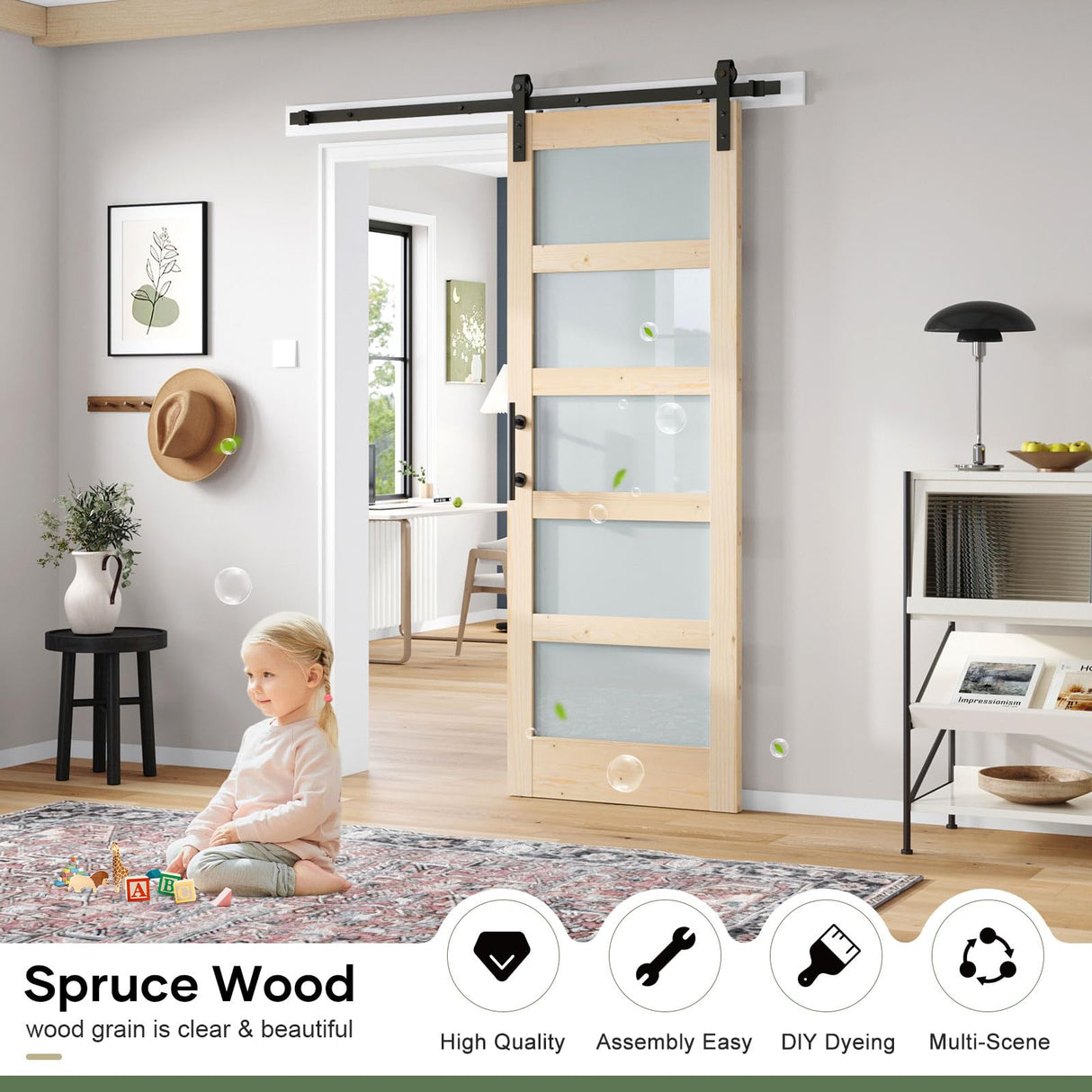 ROYMELO 30x84 inch Glass Sliding Barn Door Slab with 5ft Hardware Kit Included, 5-Panel Frosted Glass, Spruce Wood Support DIY Dyeing, Easy Assembly ROYMELO