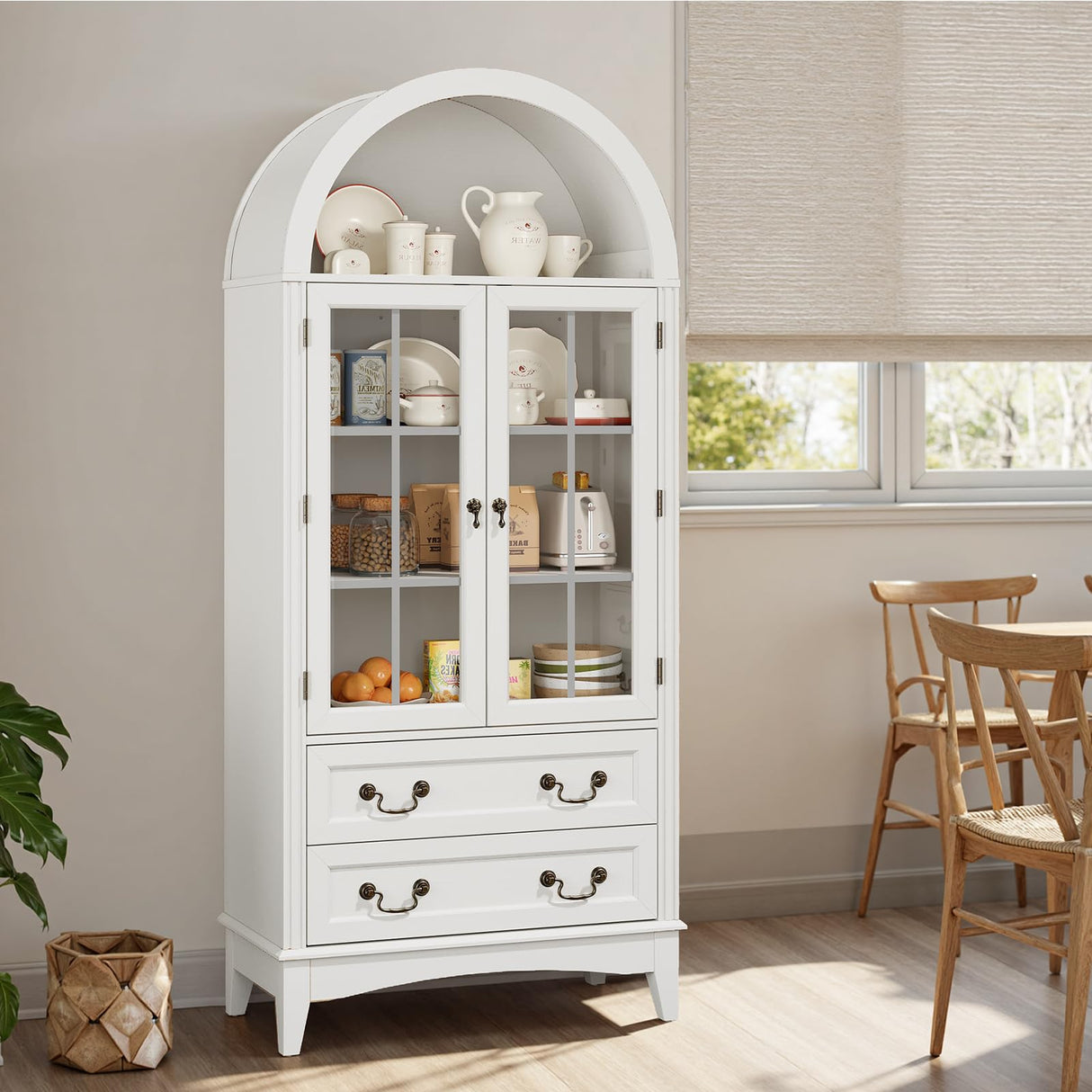 RALGEND 71'' Tall Arched Pantry Cabinet, Farmhouse Kitchen Pantry Cabinet with Glass Doors, Adjustable Shelves and 2 Large Drawers, Versatile Cupboard for Kitchen, Dining Room, White RALGEND