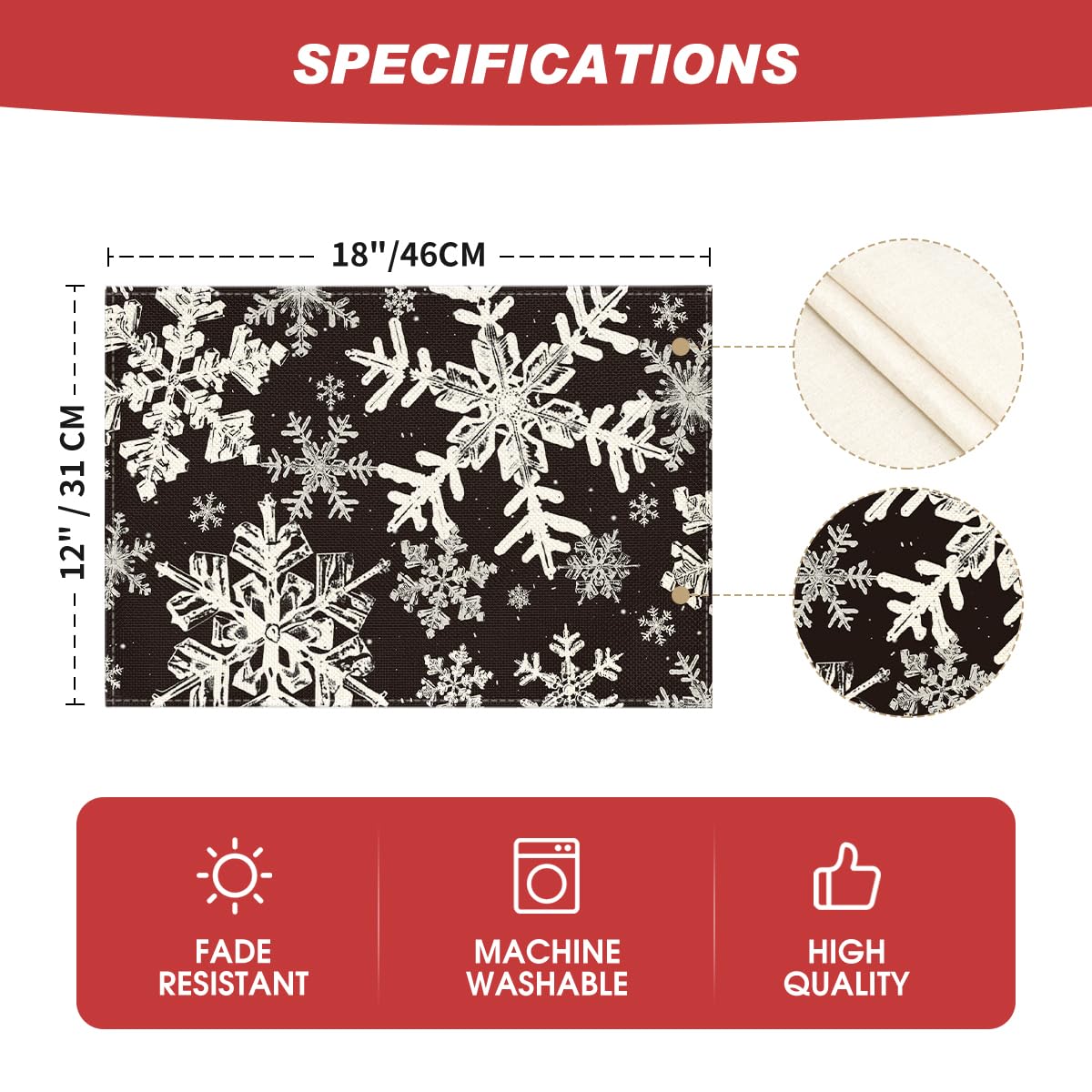 Artoid Mode Black Snowflakes Christmas Placemats for Dining Table, 12 x 18 Inch Seasonal Winter Washable Table Mats Set of 4 Artoid Mode