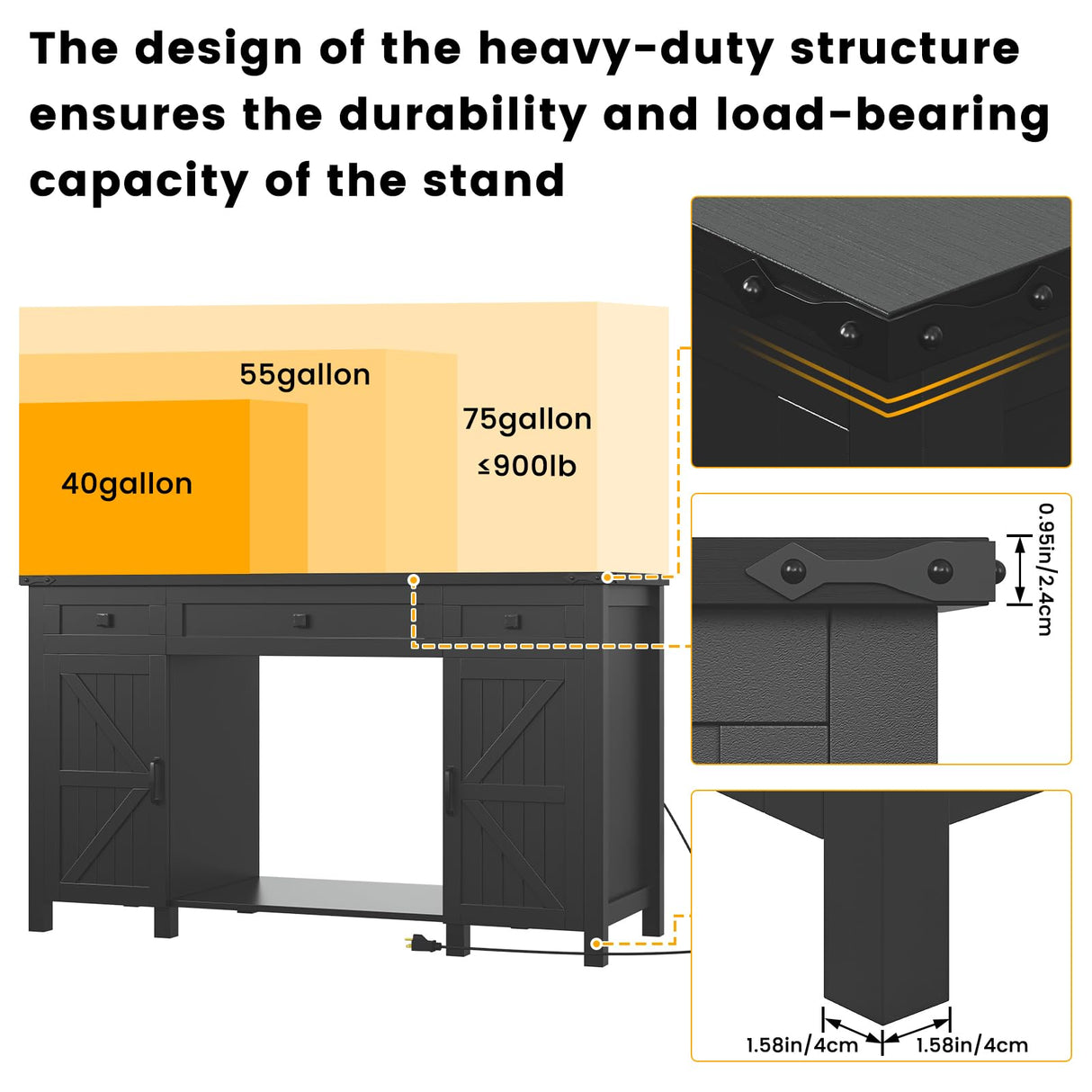 Saudism 55-75 Gallon Aquarium Stand With Charging Station, Farmhouse Fish Tank Stand, Reptile Tank Stand Terrarium Stand with Drawer and Cabinet Storage, Sturdy Heavy Duty 53.5"×19.7" Tabletop - Black Saudism
