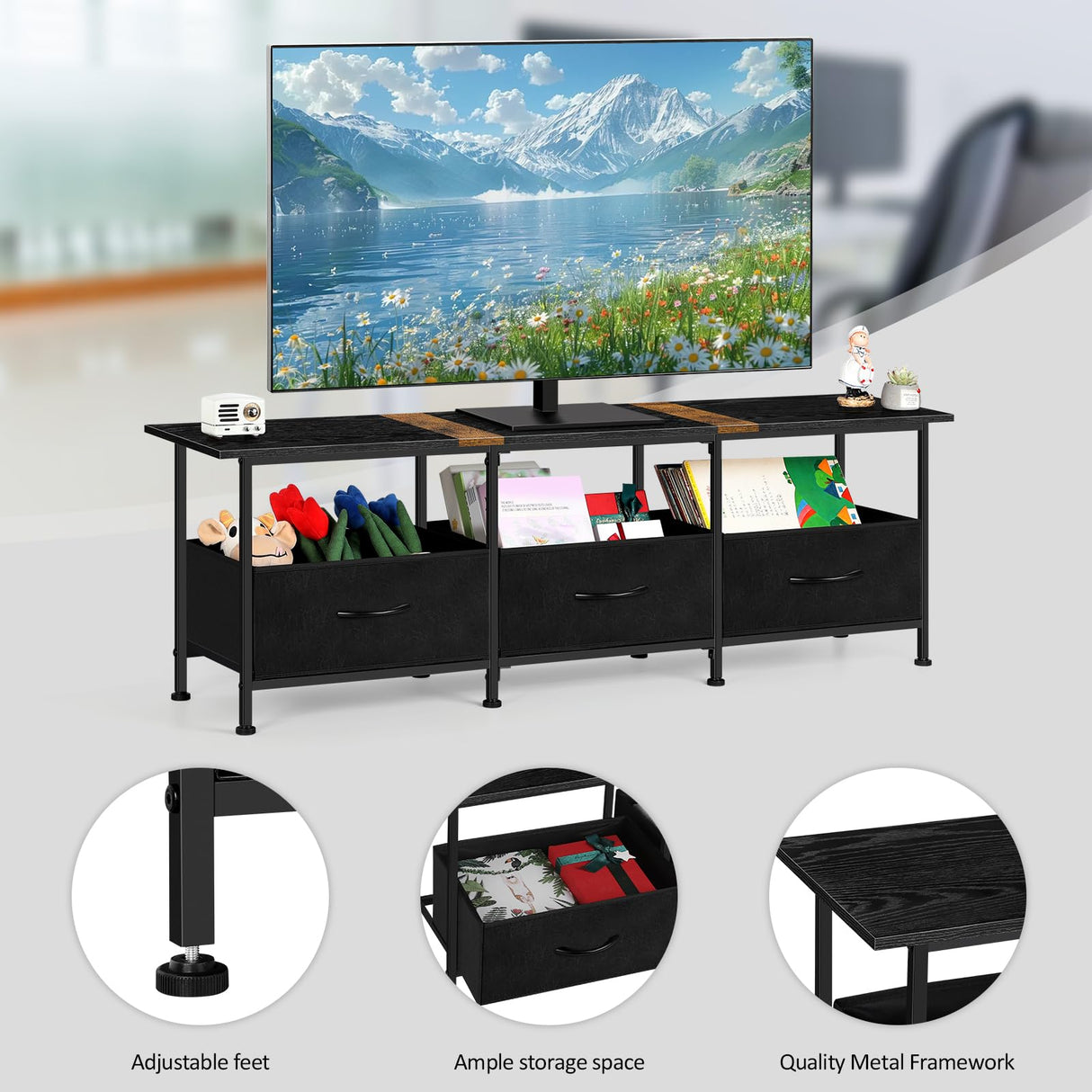 CADUKE Black TV Stand for 55 inch TV, Farmhouse Entertainment Center with 3 Fabric Drawers, Industrial TV Console Table for Bedroom, Living Room CADUKE