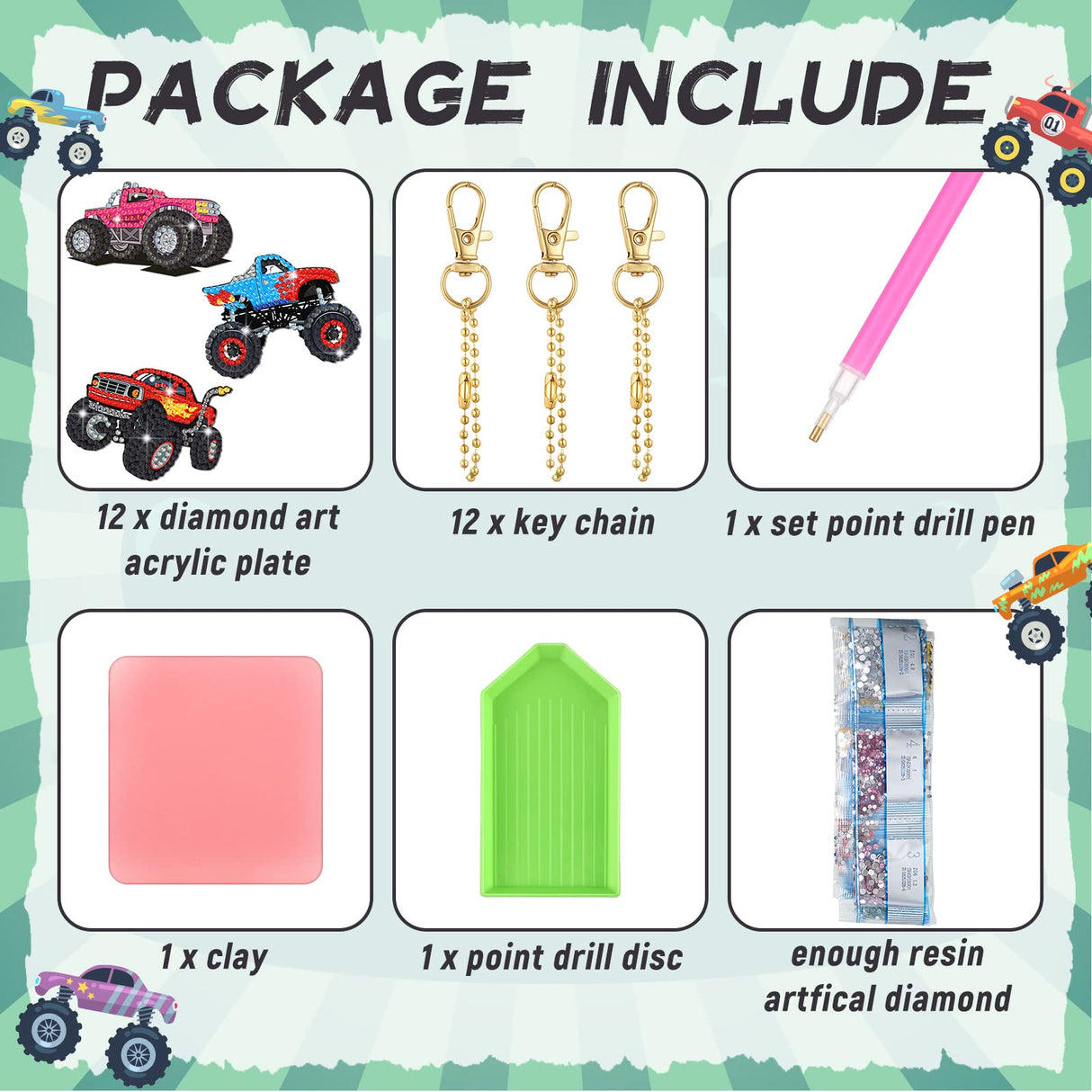 Thinkday 12 Pcs Trucks Diamond Painting Keychains DIY 5d Acrylic Truck Diamond Art Key Chains Vehicle Rhinestone Art Hanging Pendants for Adult Beginners Bags Thinkday