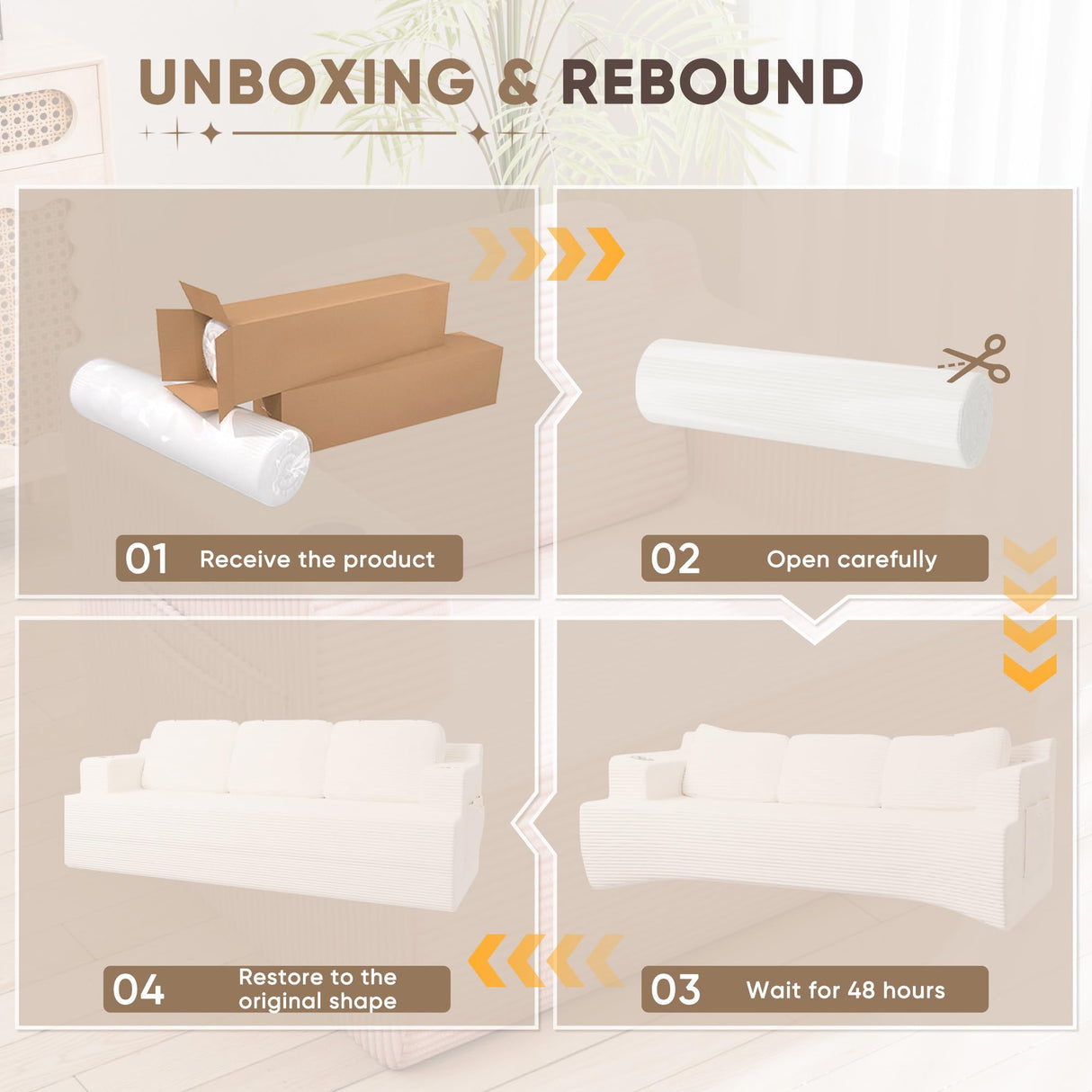 Homall 87” Boneless Sofa Couch with 2 Pillows Extra Deep Seats, Corduroy Fabric 3 Seater with Cup Holder & Storage Pocket Upholstered Floor Easy Installation (White, 3 Seater) Homall