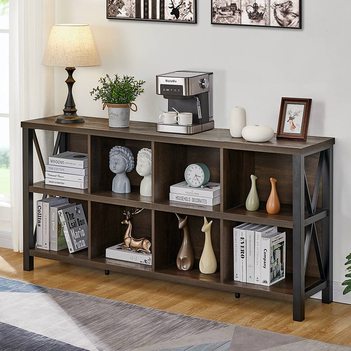 FATORRI Rustic 8-Cube Storage Organizer Bookshelf - Industrial Walnut Brown Bookcase for Living Room FATORRI