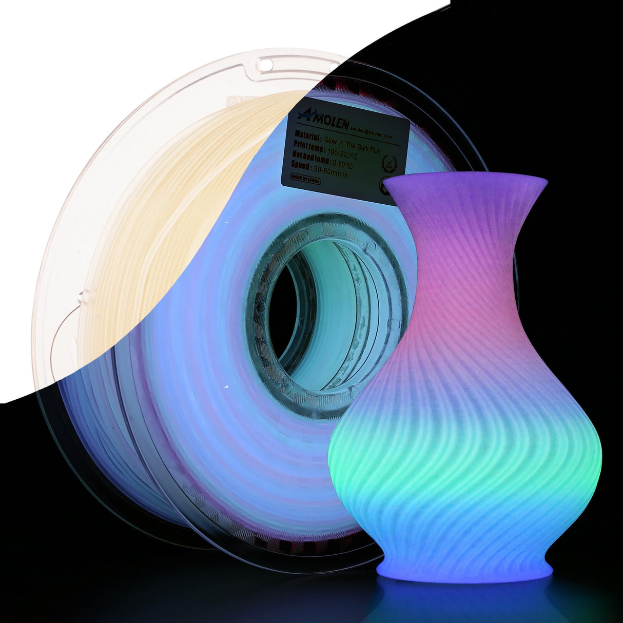 AMOLEN 3D Printer Filament, Glow in The Dark Filament Multicolor Rainbow PLA Filament, Blue, Green, Pink, Purple, Gradient 3D Filament Color Change in 10m, Dimensional Accuracy +/- 0.02 mm, 1kg Spool AMOLEN