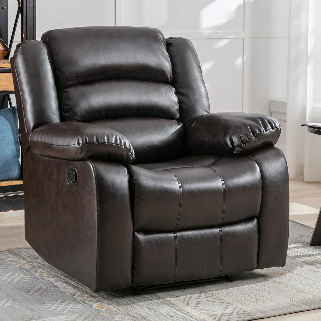 ANJ Manual Recliner Chair, Breathable Faux Leather Reclining Chairs with Overstuffed Arm and Back, Living Room Single Sofa Recliners (Dark Brown) ANJ