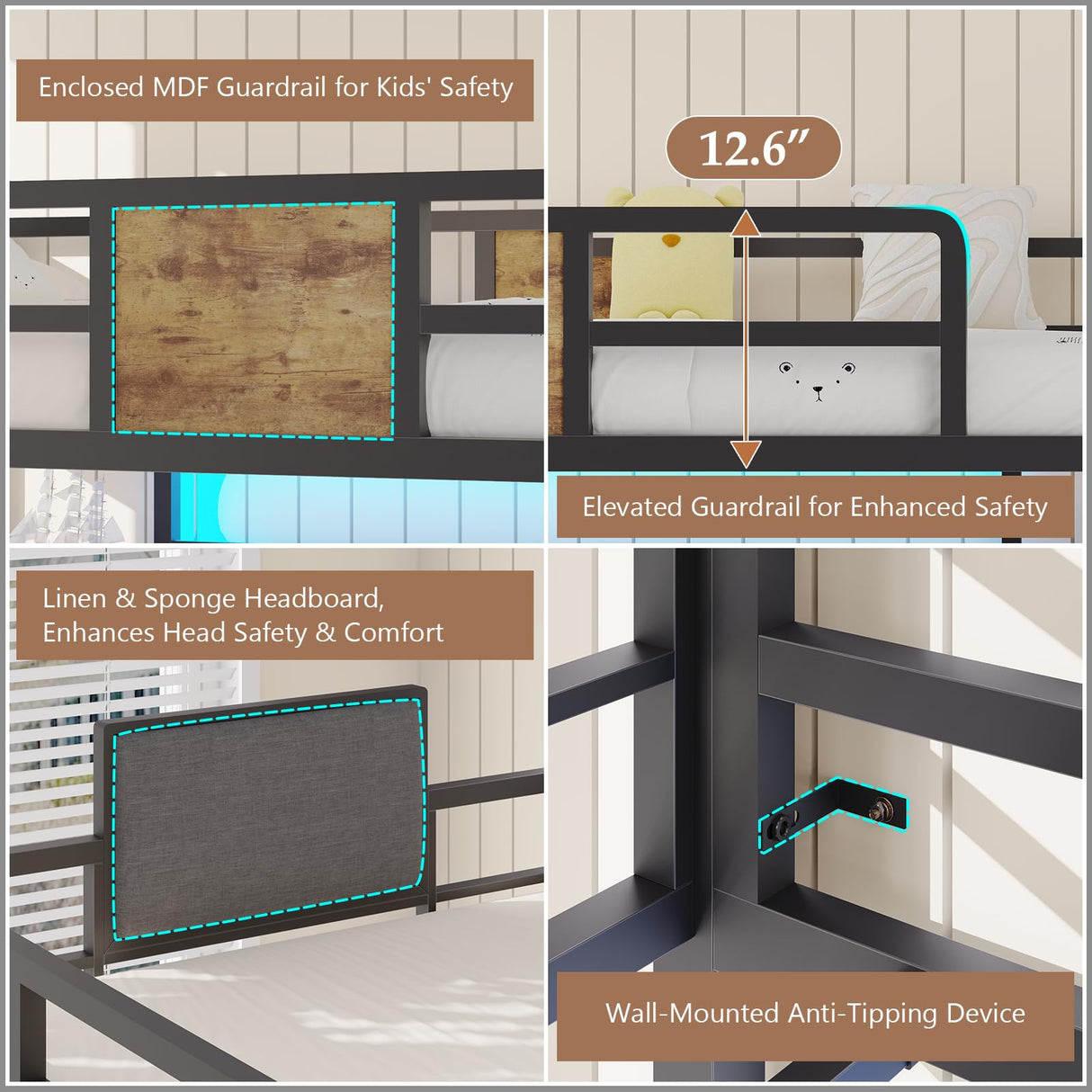 Dnxao Loft Bed Twin Size with Desk,Twin Loft Bed with Storage Organizer,LED Lights and Charging Station, Bunk Bed with Desk, Space Saving, Noise Free, No Box Spring Needed,Rustic Brown Dnxao