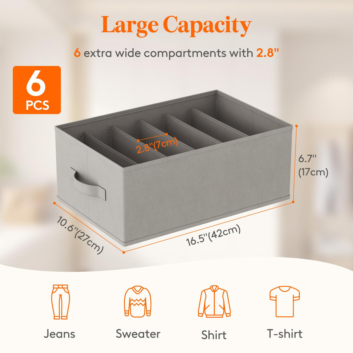 Lifewit Wardrobe Clothes Organizer 6 Pack, Large Size 6 Grids Closet Jean Storage Bins with Handles and Support Boards, Foldable Drawer Dividers for Sweater, Pants, T-Shirt, Hoodie, Dress, Grey Lifewit