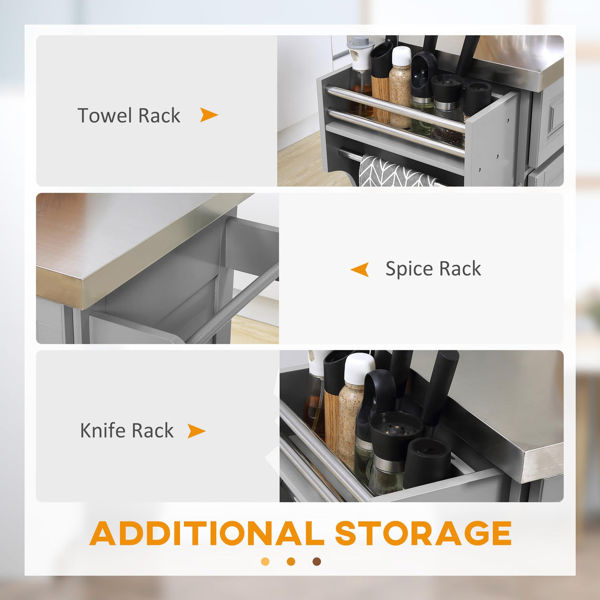 HOMCOM Rolling Island with Wheels for Kitchen, Portable Kitchen Island with Stainless Steel Top, Adjustable Shelves, 2 Drawers, Spice, Knife and Towel Rack, Gray HOMCOM