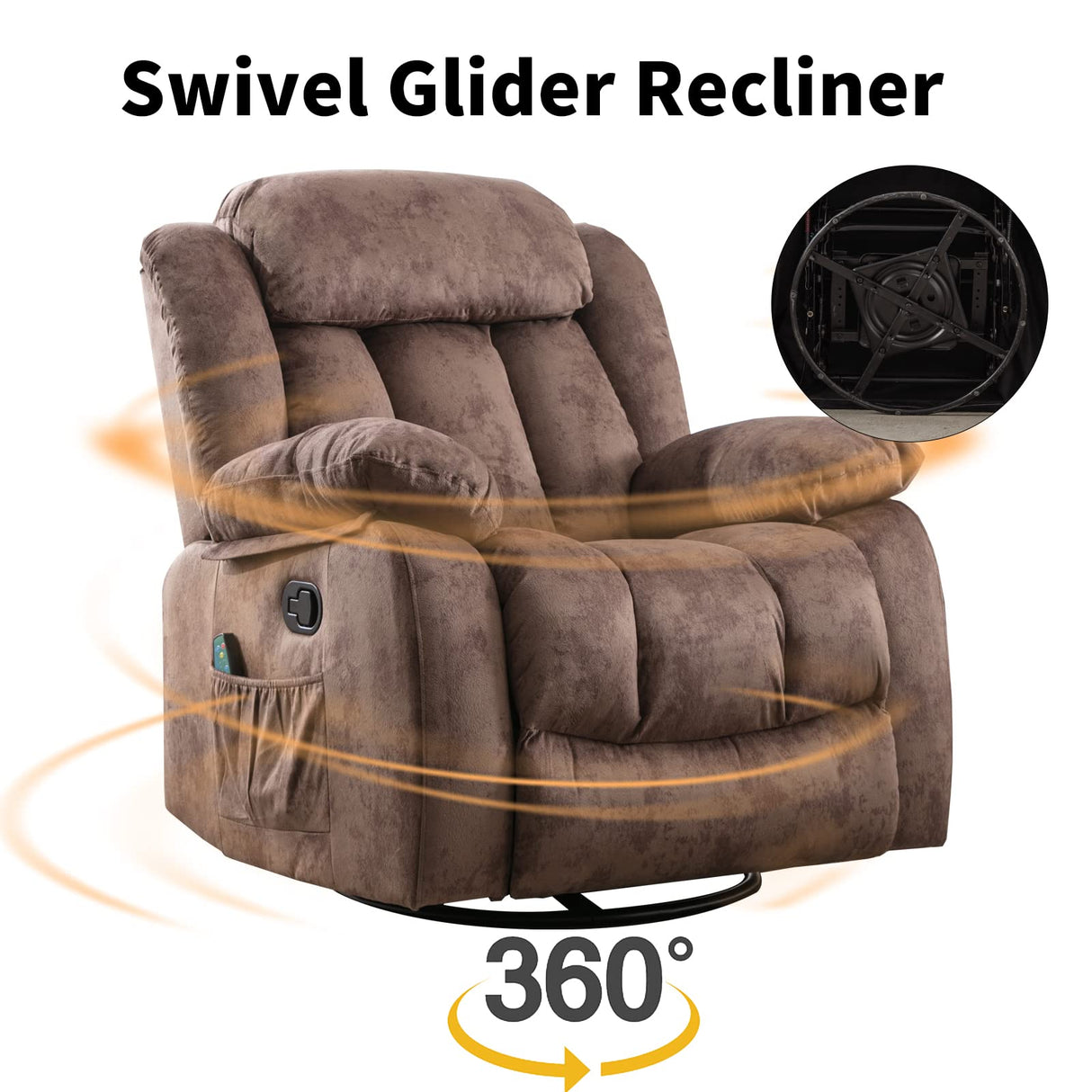 INZOY Rocker Recliner with Heat and Vibration, Manual Swivel Rocking Chair with Vibrating Massage, Comfy Padded Overstuffed Soft Fabric Heated Recliner (Brown) INZOY