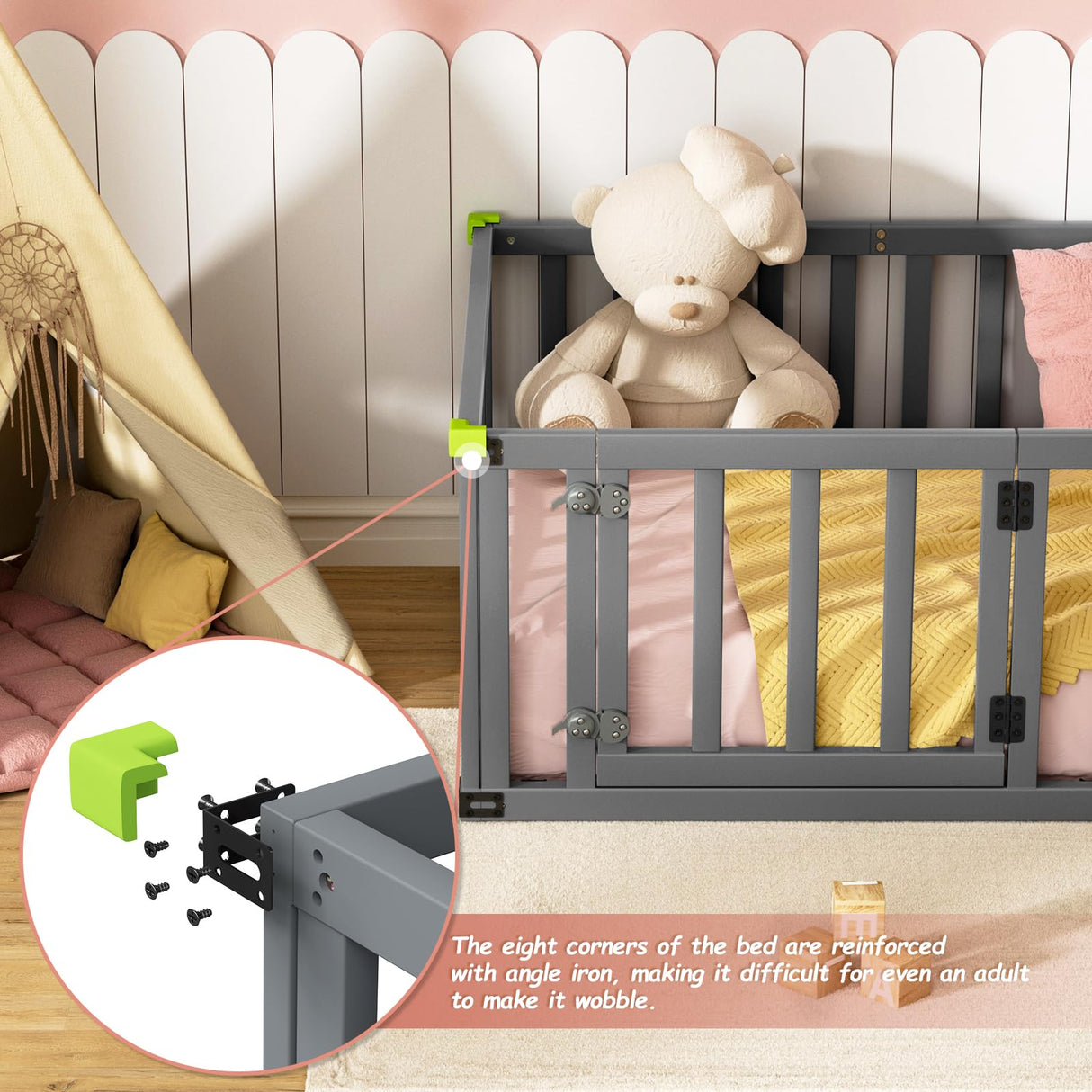 ROOMTEC Twin Size Montessori Floor Bed - Solid Wood Toddler Bed Frame with Convertible Door and Safety Fence in Grey ROOMTEC