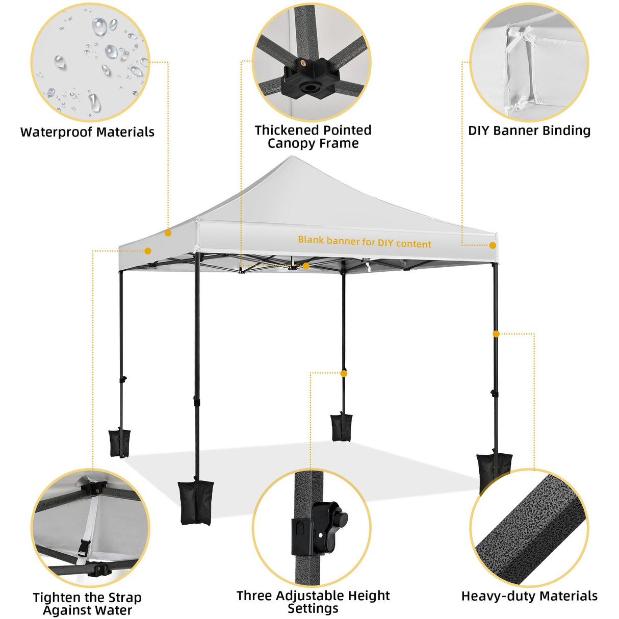 DWVO 10x10 Pop Up Heavy Duty Canopy Tent with 4 Removable Sidewall, 4 Ropes, 8 Stakes, 2 Blank Banners, 4 Sandbags & 1 Carry Bag with Wheel, Garden Gazebo Tent, Party, Exhibition, Commerce, White DWVO