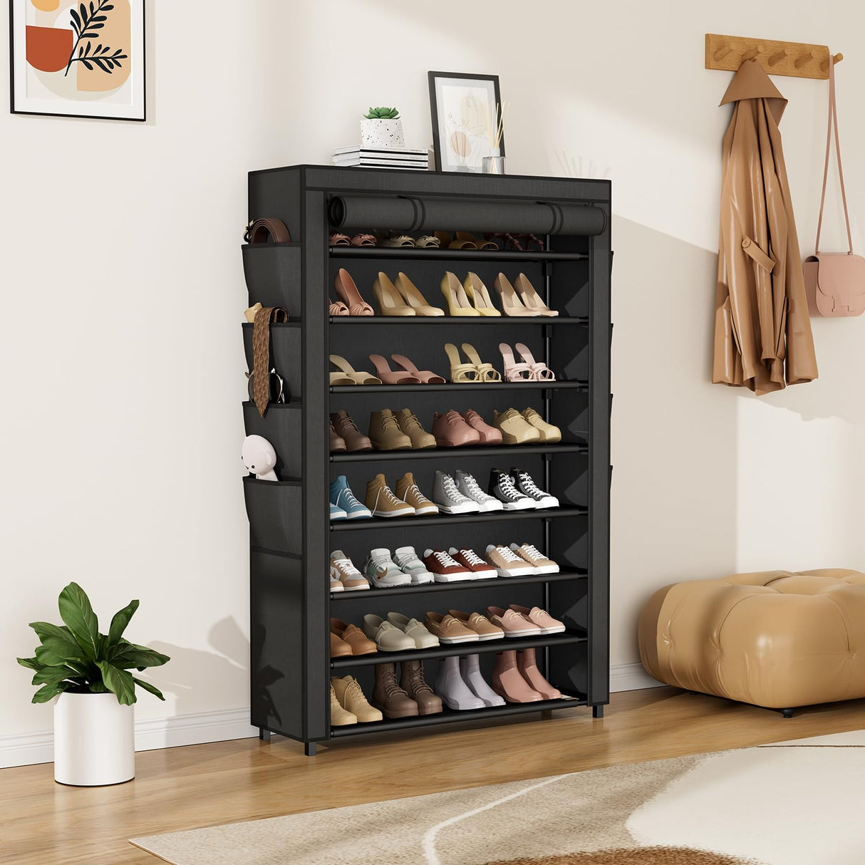 VILICK Shoe Rack with Cover, 8 Tier Tall Shoe Organizer Storage for 36-45 Pair Shoes and Boots Large Shoe Storage Shelf Free Standing Shoe Rack for Closet, Front Door Entrance, Dorm, Garage VILICK
