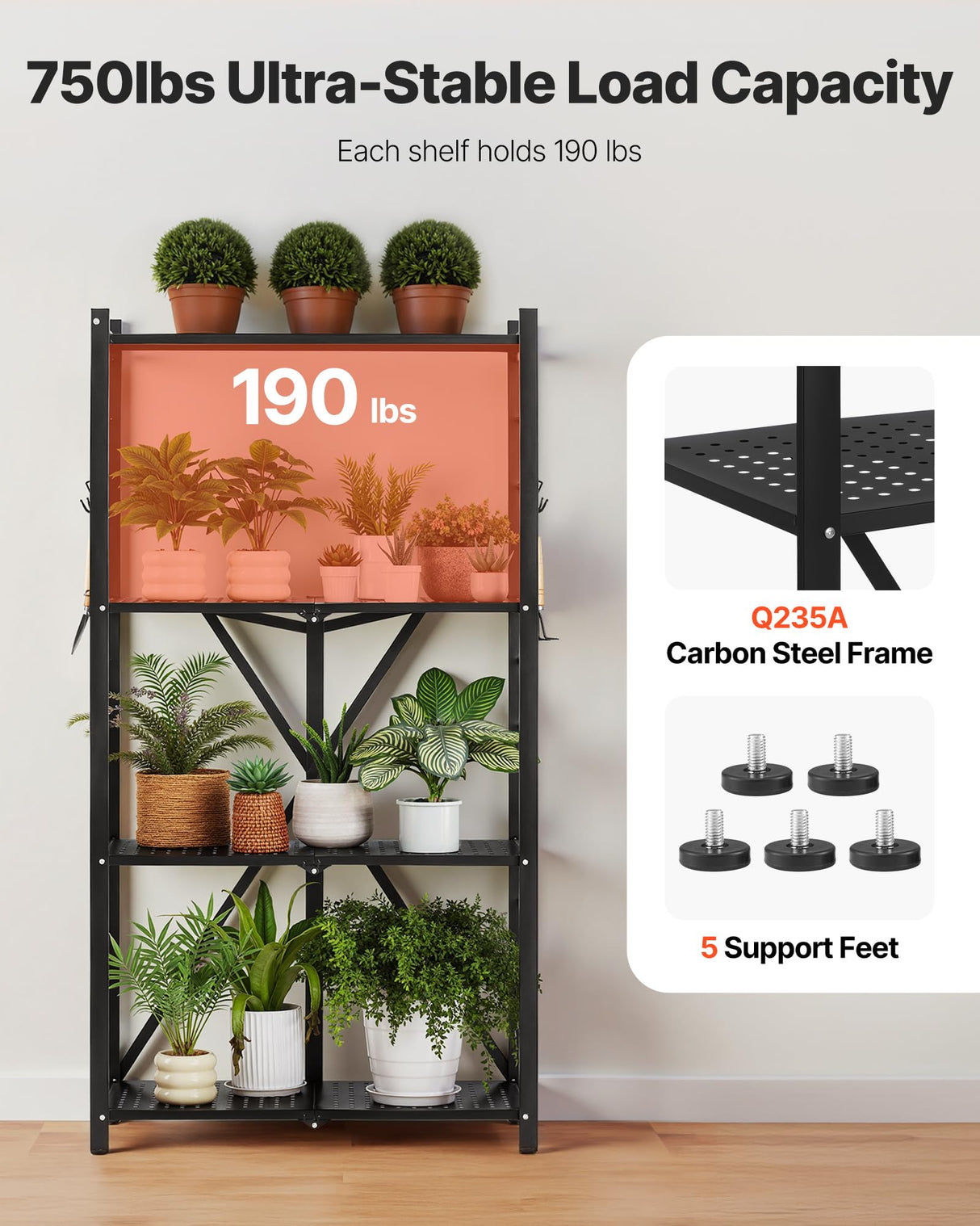 VEVOR 4-Tier Foldable Storage Shelf, 28W x 13D x 54H Inch Folding Metal Rack Shelving Unit, No Assembly Organizer Shelf with 5 Wheels & 4 Hooks for Pantry, Kitchen, Garage, Basement, Black VEVOR