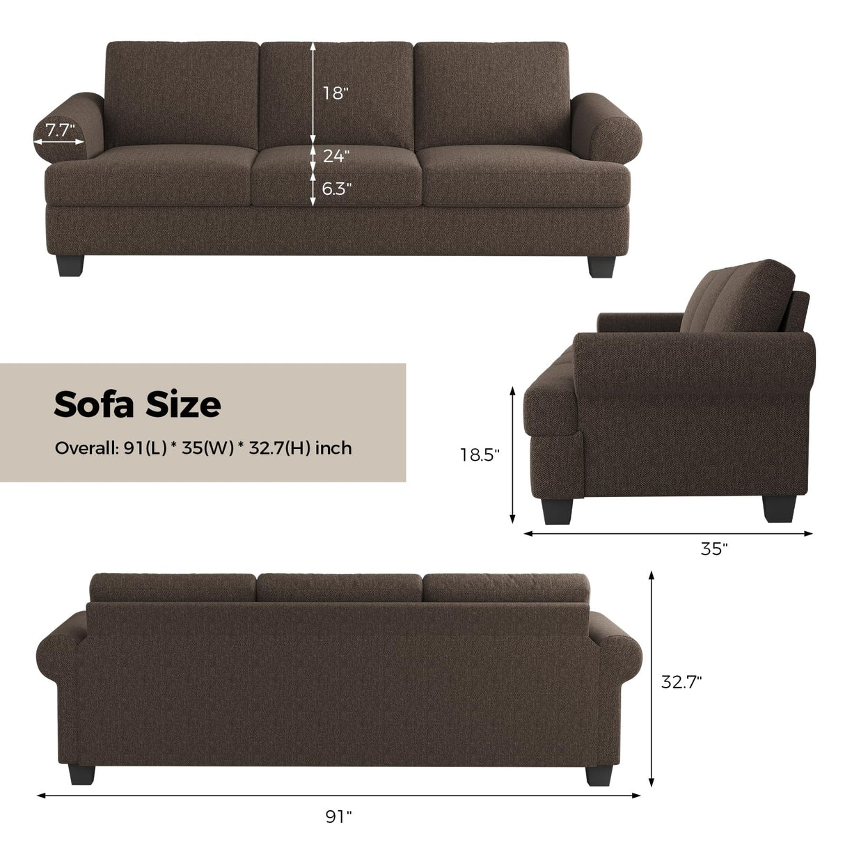 COPIAE 91 Inch Lawson Sofa with Extra Deep Seats Oversize, Mid-Century 3-Seat Sofa Couch, for Living Room, Apartment, Lounge, Brown COPIAE