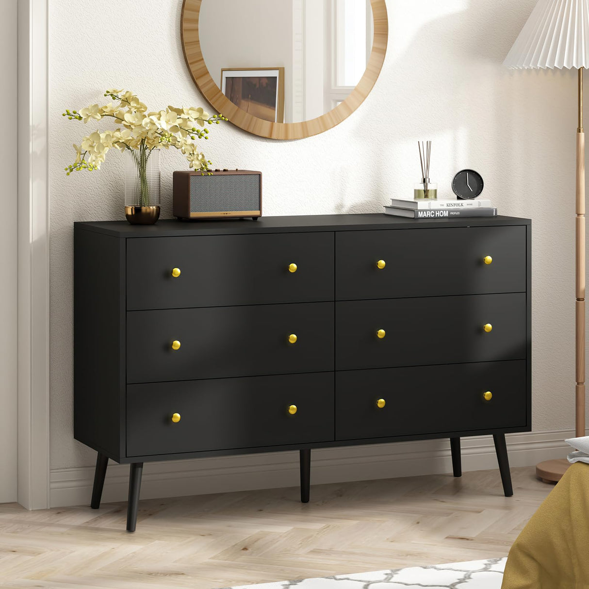 BAZELOR Dresser for Bedroom with 6 Drawers, Double Wood Dresser with Gold Handles, Modern Mid Century Chest of Drawers for Living Room, Hallway, Black BAZELOR