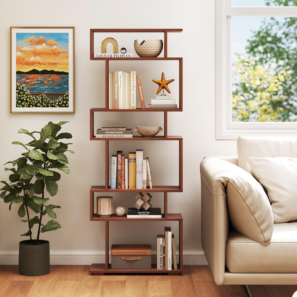 LOKO 6-Tier Storage Bookshelf, Tall Display Shelf with Anti-toppling Kits, Decorative Room Divider, S-Shaped Geometric Bookcase for Study, Living Room, Office (1,Walnut) LOKO