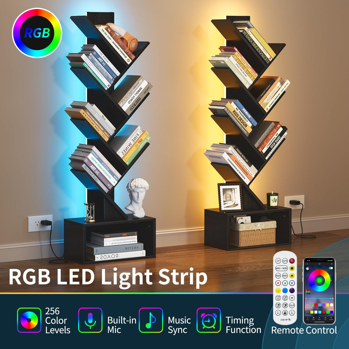 Yoobure Tree Bookshelf with LED Light, 6 Tier Book Shelf, Small Bookcase Narrow Bookshelves with Storage, Wood Book Case Organizer for CDs/Books, Floor-Standing Rack for Bedroom, Office, Black Yoobure