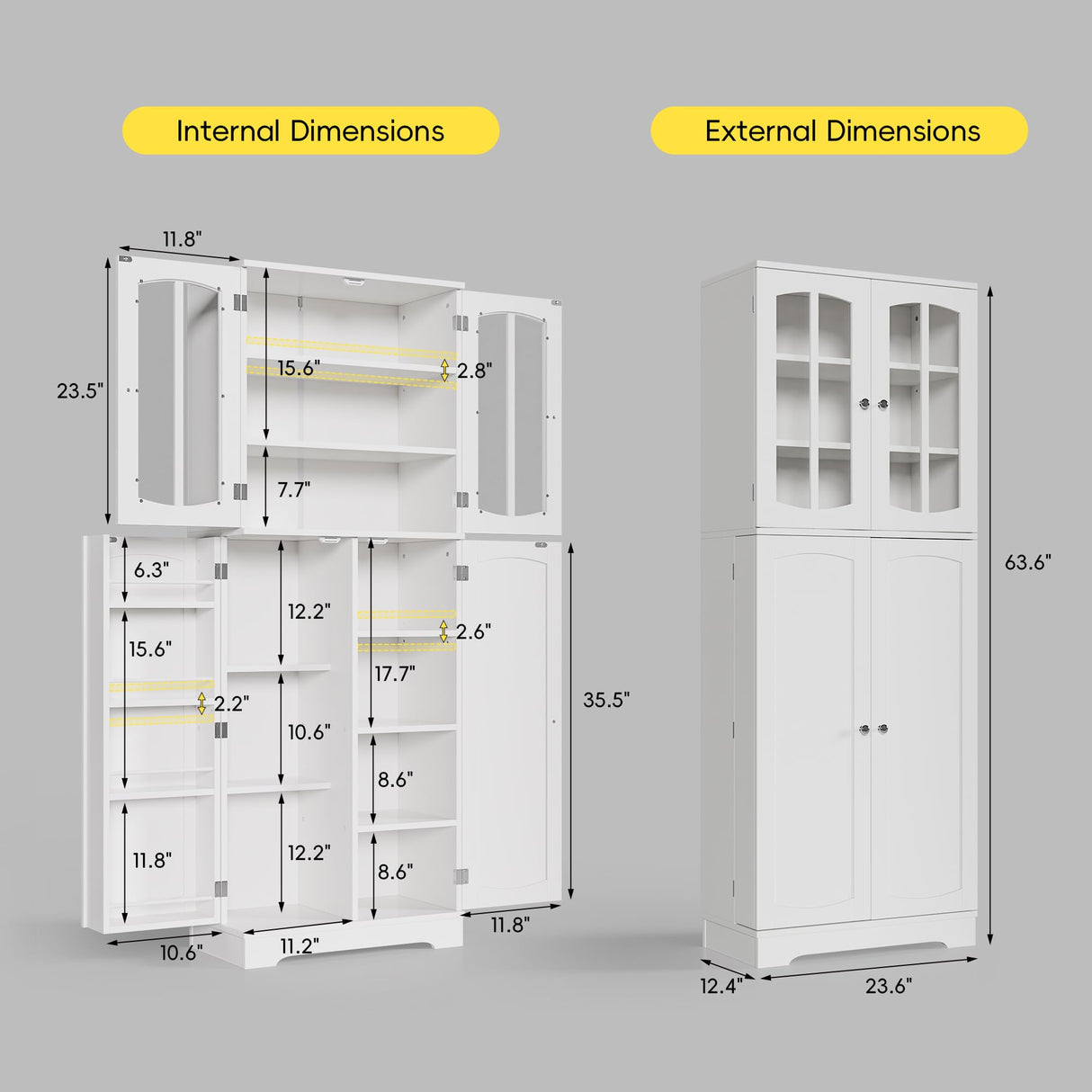 TOLEAD 64" Pantry Cabinet, Tall Storage Cabinet With Glass Doors & Adjustable Shelves for Kitchen, Living Room, Dining Room, White TOLEAD
