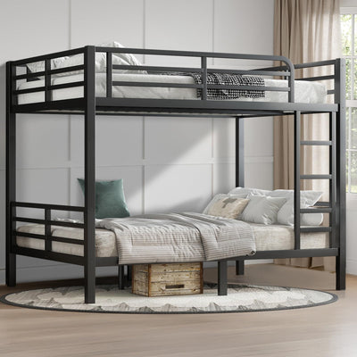 HKOLIE Full Over Full Bunk Bed, Metal Bunk Bed Frame Heavy Duty Bunk Beds Loft Bed Frame with Ladder and Guardrail Metal Slats No Box Spring Required for Adults Teens, Black