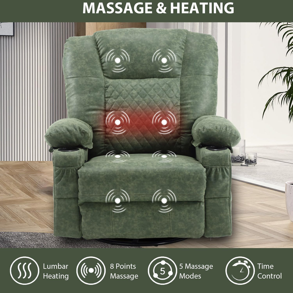 Swivel Rocker Recliner Chair for Adults with Vibration Massage, Overstuffed PU Leather Recliner with Lumbar Heat, Modern Manual Rocking Recliner with for Living Room, Home Theater, Dark Green Comermax