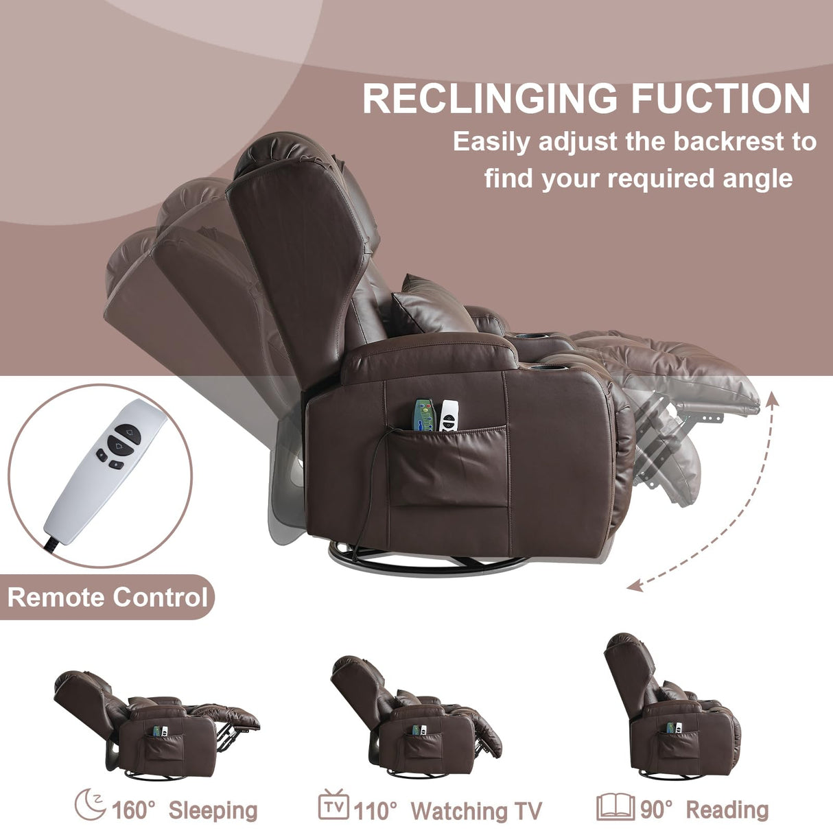 OQQOEE Power Recliner Chair,Electric Swivel Rocker Recliner,Glider Rocking Chairs Home Theater Seating with Massage Heat,Cup Holders,USB Ports for Living Room (Brown PU) OQQOEE