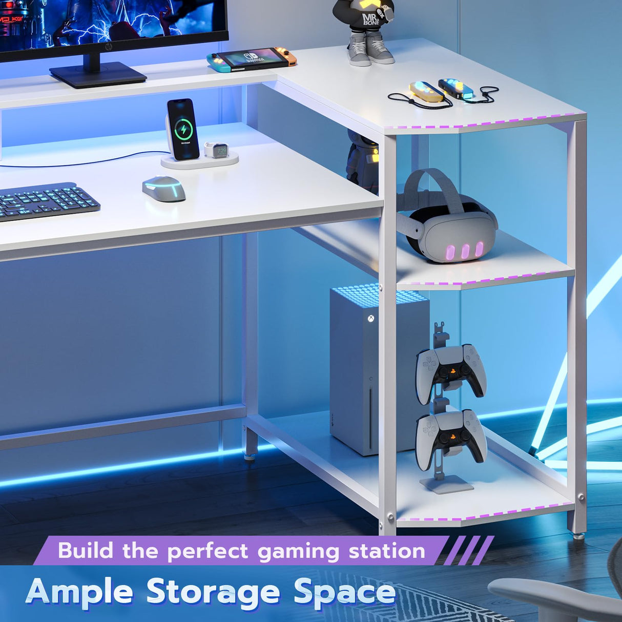 SEDETA White Gaming Desk 70.8'' with LED Lights and Storage Shelves, Computer Desk with Monitor Stand, Power Outlets and Cup Holder, Large PC Gamer Desk, Gaming Table for Bedroom, Living Room SEDETA