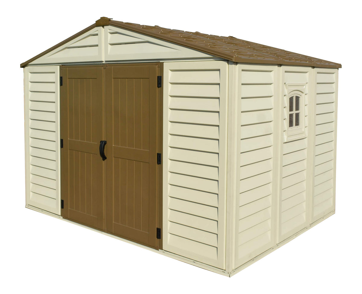 Duramax Woodbridge Plus 10.5 x 8 (8.02 m2) Plastic Garden Shed with 1 Fixed Window & Metal Foundation Kit, Strong Metal Roof Structure Fire Retardant and Maintenance-Free Storage Shed - Ivory/Brown DURAMAX