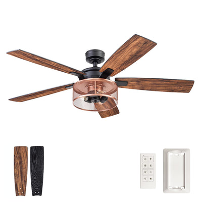Honeywell Ceiling Fans Carnegie Industrial 52 Inch Ceiling Fan with Light, Remote Control Fan, LED Indoor Fan with 5 Blades, Black Oak and Brown Mopane Blade Finish Options, Copper (51459-01)