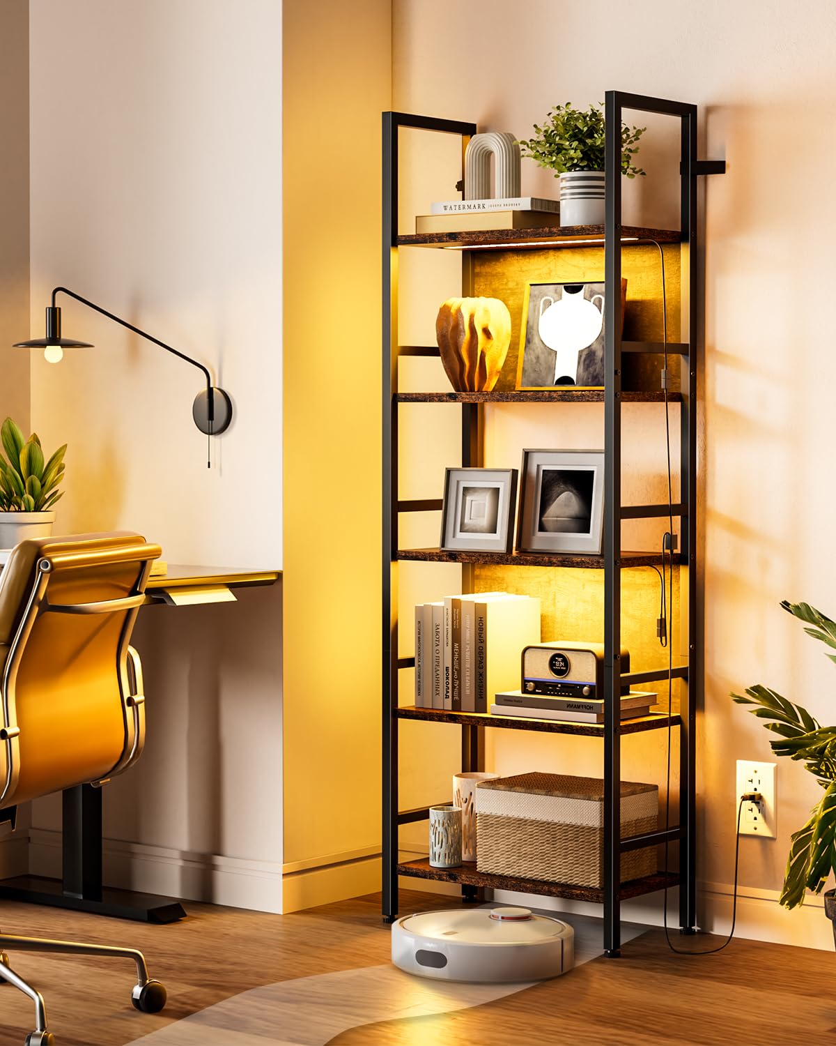 Dunatou 5 Tier Tall LED Book Shelf, 6FT Tall Standing Shelves with RGB Lights, 24'' Wide Lighted Wood Book Shelf 70 Inch Tall, Dimmable Light Up Wooden Bookcase for Bedroom Living Room Office Dunatou