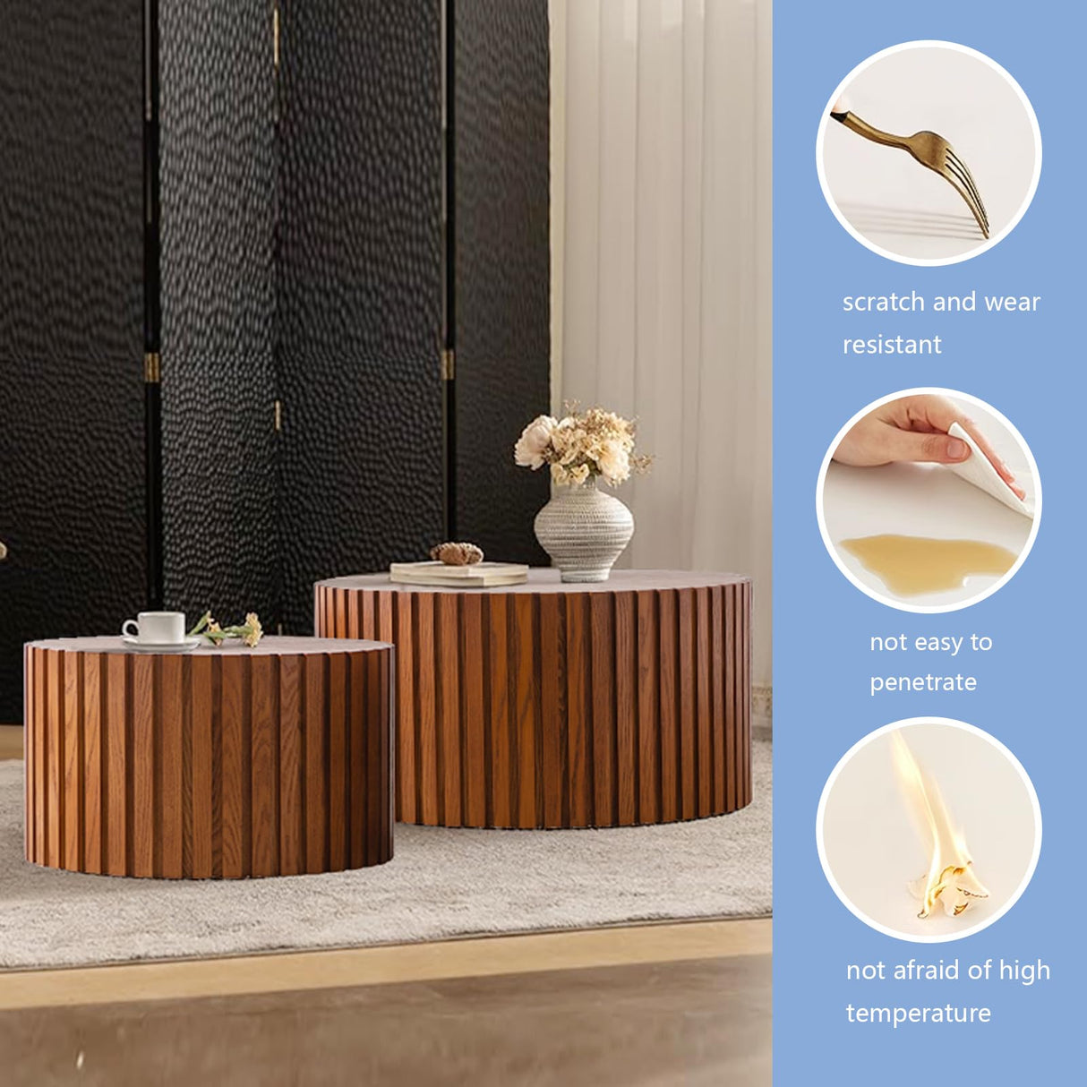 Round Coffee Table Set of 2 Modern Nesting Coffee Tables for Living Room Wave Stripe Round Coffee Table for Living Room Bedroom (I) SOUWOFS