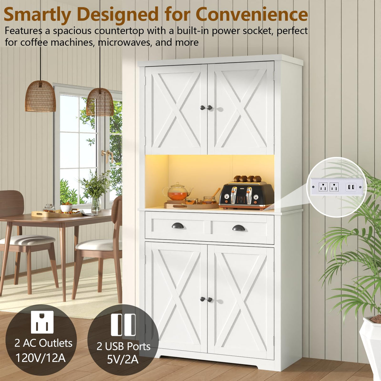 Loomie 72" Farmhouse Kitchen Pantry Cabinet With LED, Operation Table & Power Outlet, Tall Storage With Drawer, Adjustable Shelves for Dining Room (White) Loomie