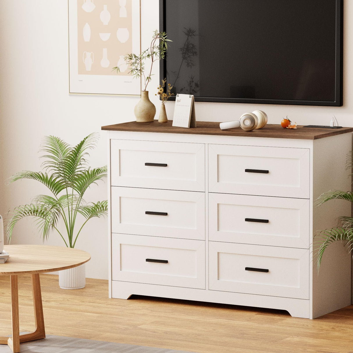 GEPELCN Farmhouse Dresser for Bedroom 6 Drawers Dresser with Power Outlets Rustic Chest of Drawers with Natural Texture White Organizer for Living Room Hallway GEPELCN
