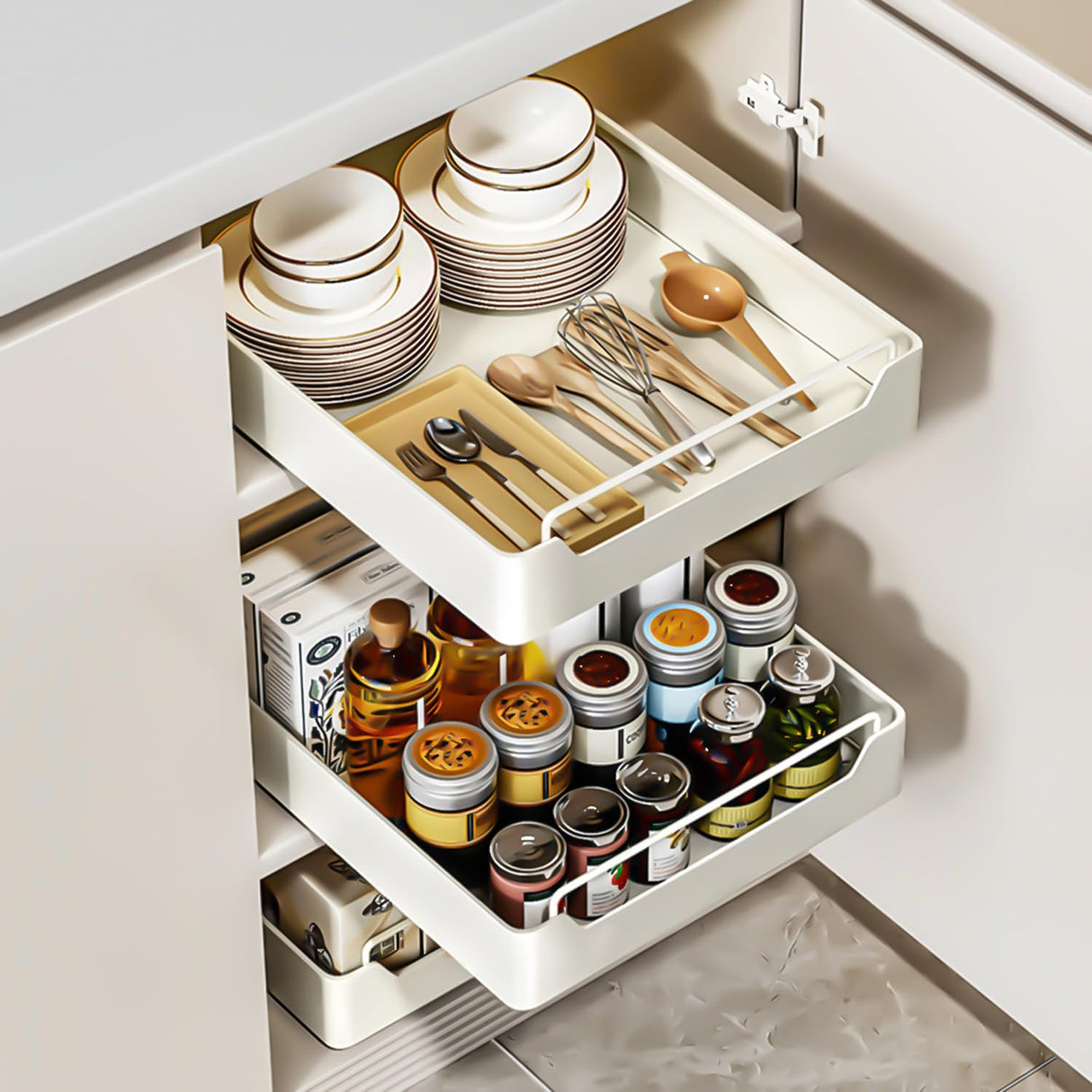QUSEHA Pull Out Cabinet Organizer Fixed With Adhesive Nano Film, Heavy Duty Slide Out Pantry Shelves, Sliding Drawer Pantry Shelf for Kitchen, Living Room, Home,12.2" W x16.9 D x 2.75" H QUSEHA