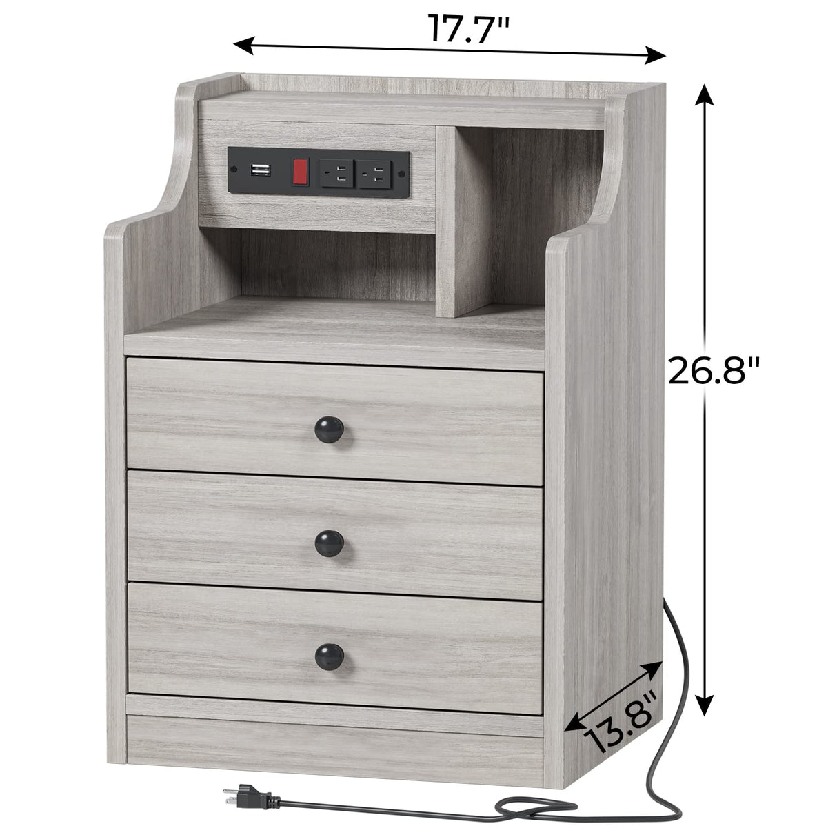 ADORNEVE Nightstand with Charging Station, Night Stand with Hutch & Storage Drawers, End Table Side Table Bedroom,Grey ADORNEVE