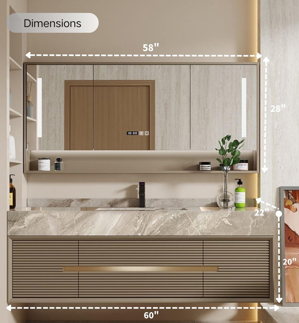 Bathroom Cabinet Vanity, 60" Bathroom Vanity with Sink, Floating Single Sink Vanity for Bathrooms, Solid Wood Luxury Vanities with Smart Anti-Fog Mirror Medicine Cabinet & Marble Countertop, (Gold) LUTHXAY