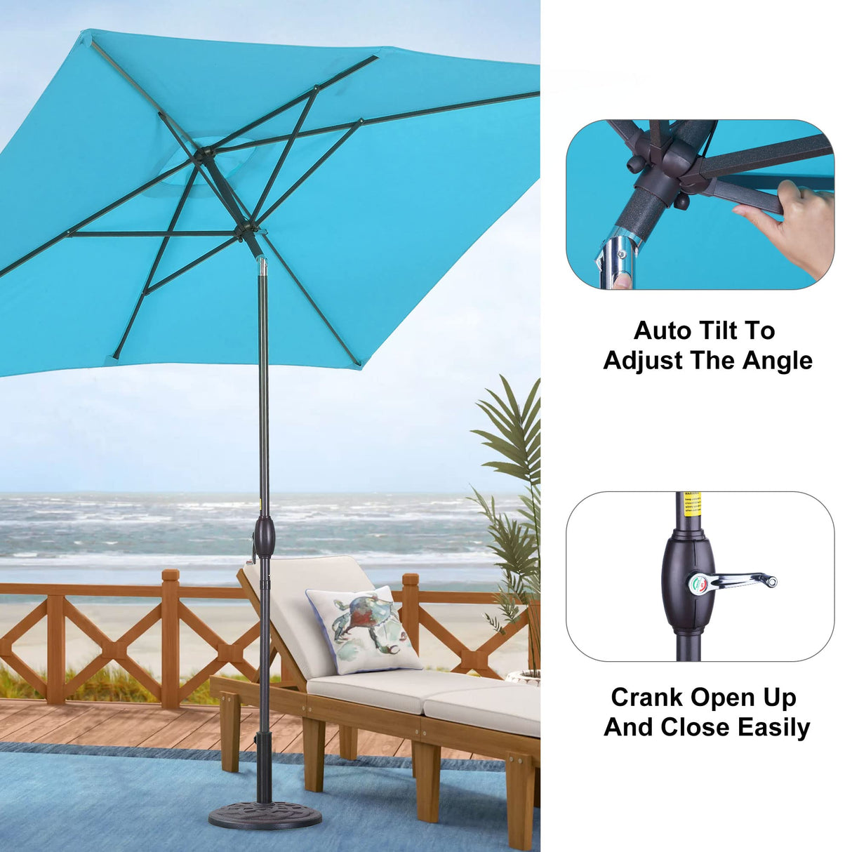 Aok Garden 6.5x10 ft Rectangular Patio Umbrella Outdoor Market Table Aluminum Pole Umbrella with Tilt and Crank 6 Sturdy Ribs for Deck Lawn Pool, Lake Blue Aok Garden