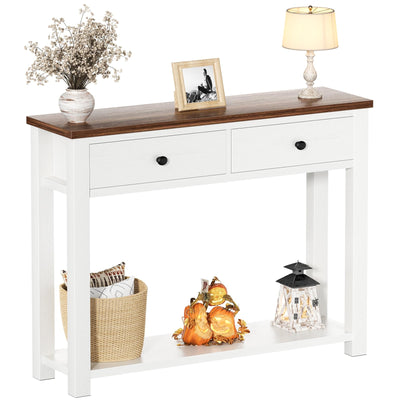 Homieasy Farmhouse Console Table with 2 Drawers, 32 Inch Small Sofa Table with Storage Shelf for Living Room, Behind Couch, Entryway Table for Hallway, Living Room, or Foyer, Rustic Brown and White